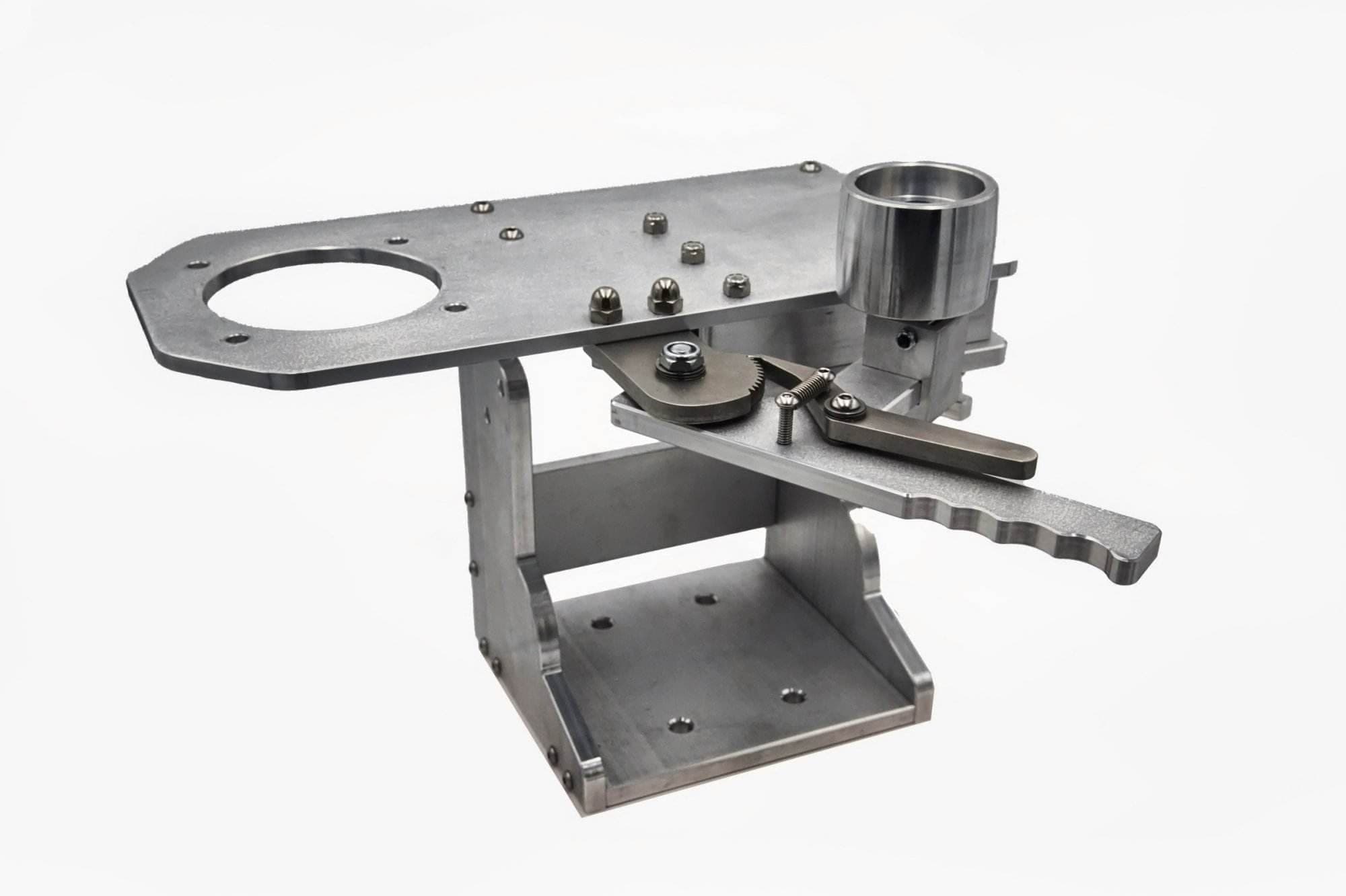 Aluminum 2x72 grinder tool arm assembly with a cylindrical wheel mount and adjustable clamp lever