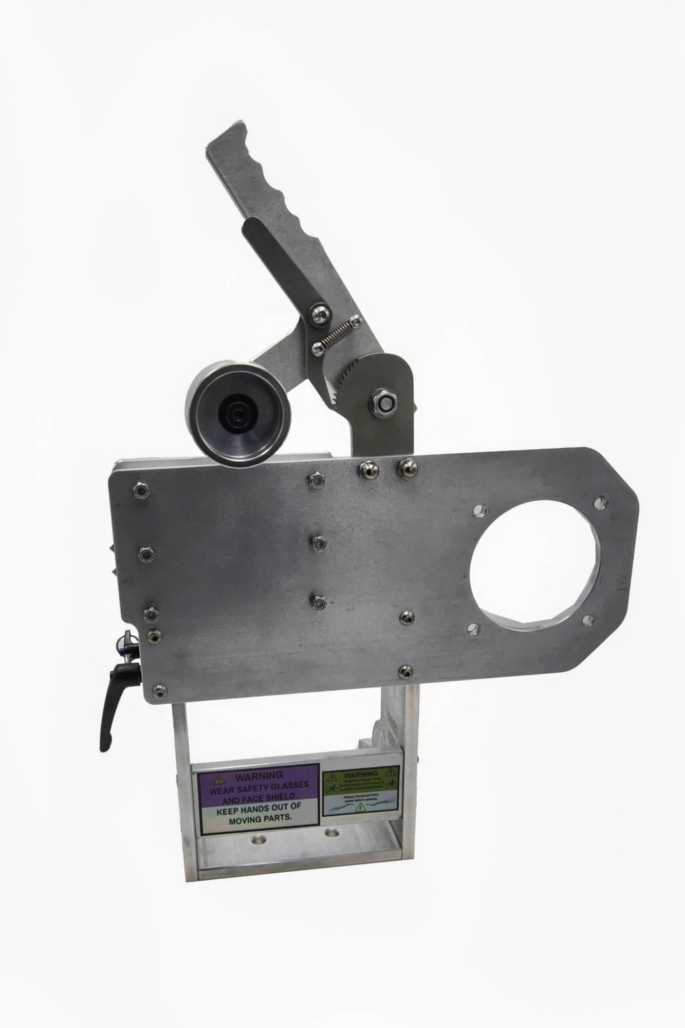 CNC aluminum belt grinder tool arm assembly shown from a rear three-quarter angle with lever and base