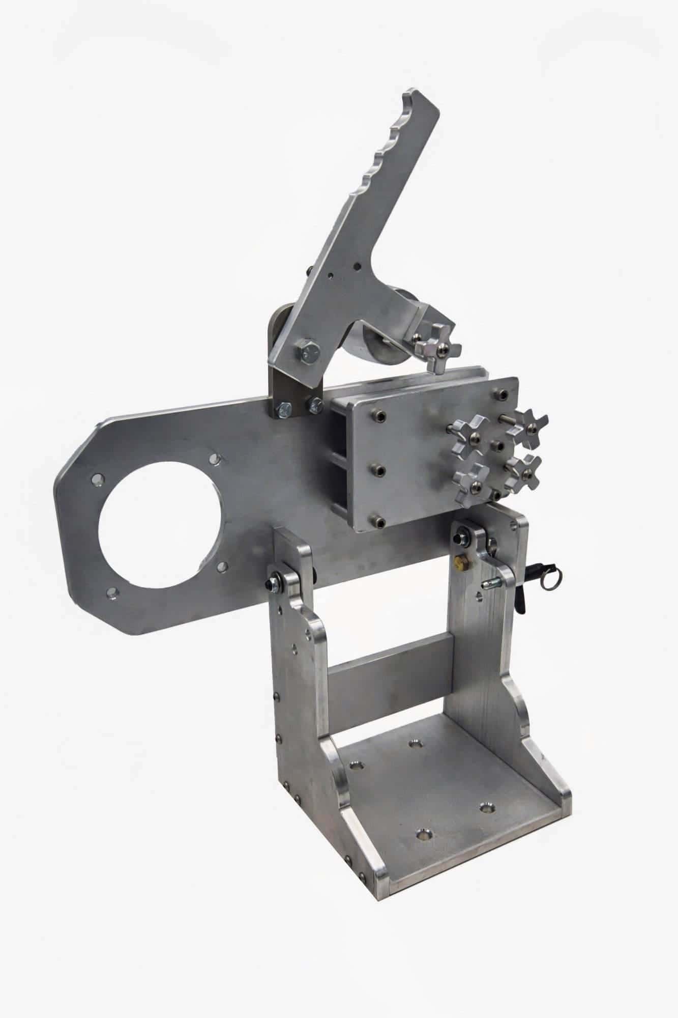 Assembled aluminum 2x72 grinder tool arm standing upright with a quick-release lever and mounting base