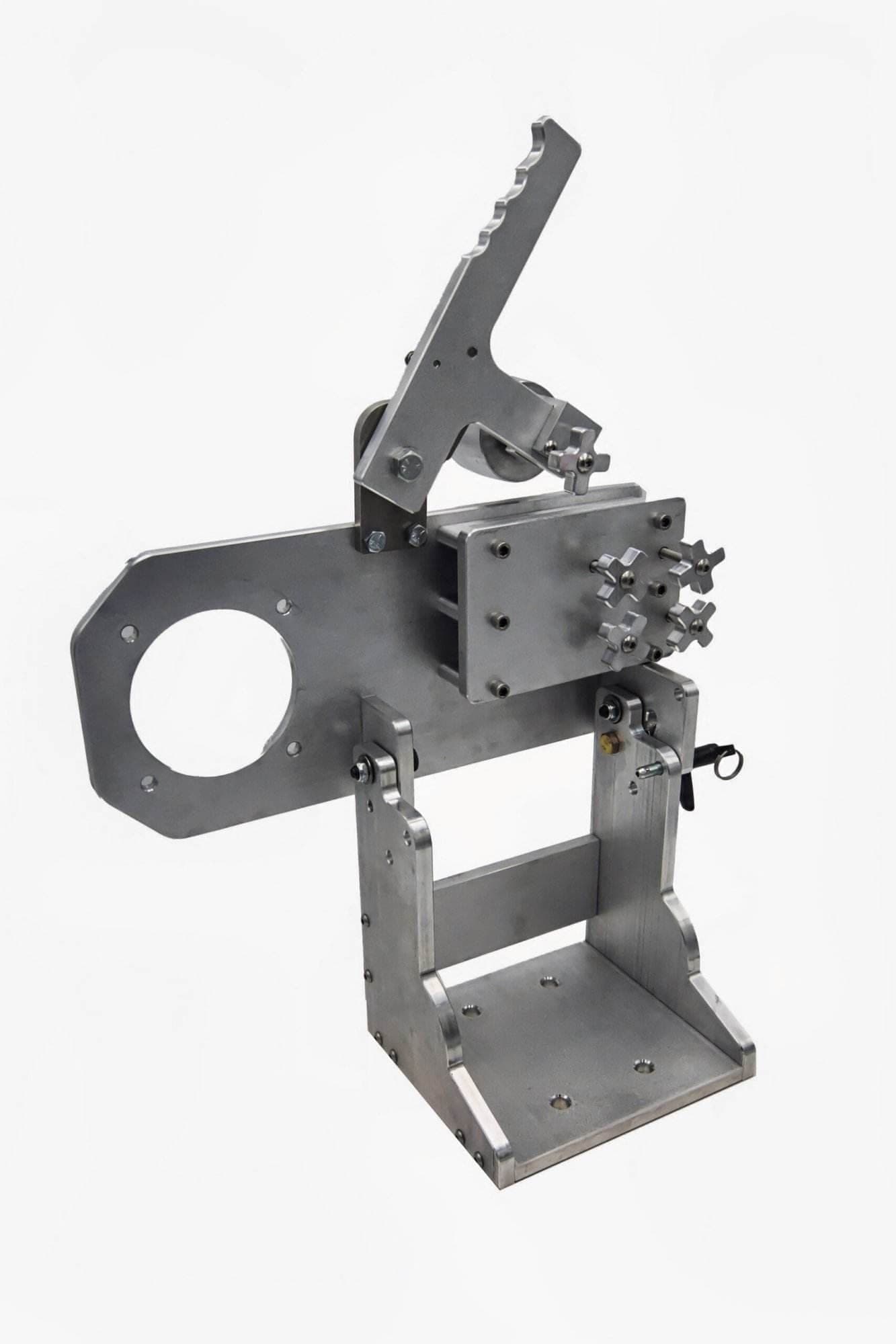 Assembled aluminum 2x72 grinder tool arm standing upright with a quick-release lever and mounting base