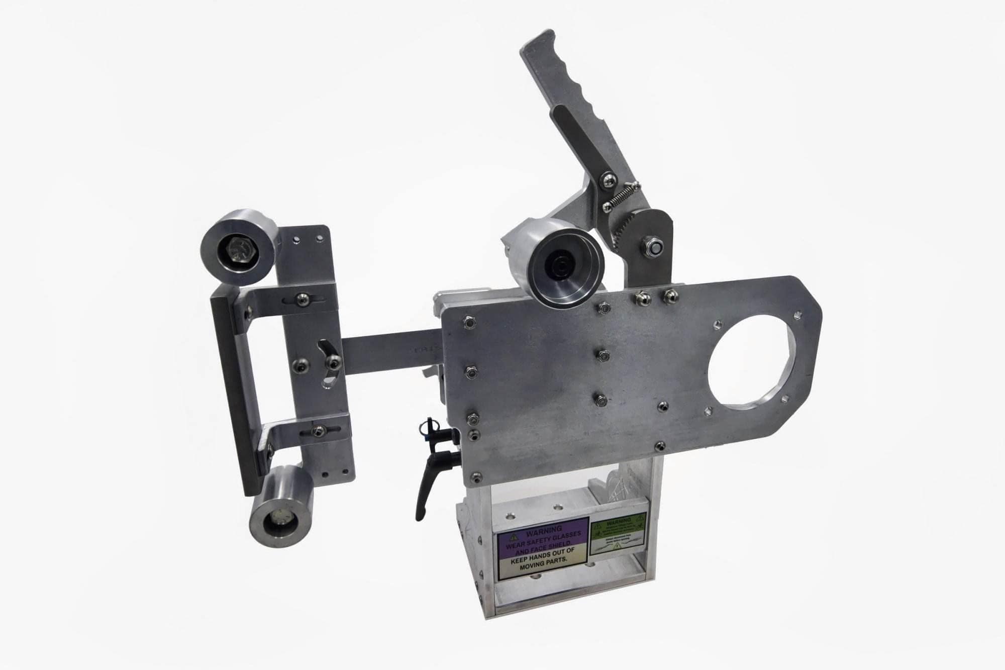 Top wheel cup and quick-release pin lever on a Torus CNC 2x72 grinder tooling arm mount