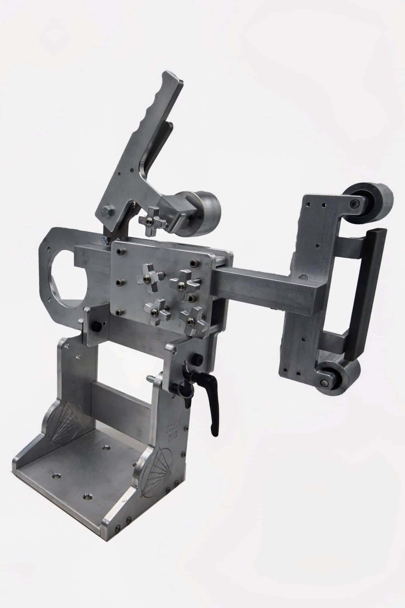 Torus CNC belt grinder arm with idler wheel, large mounting plate cutout, and cross-knob adjusters