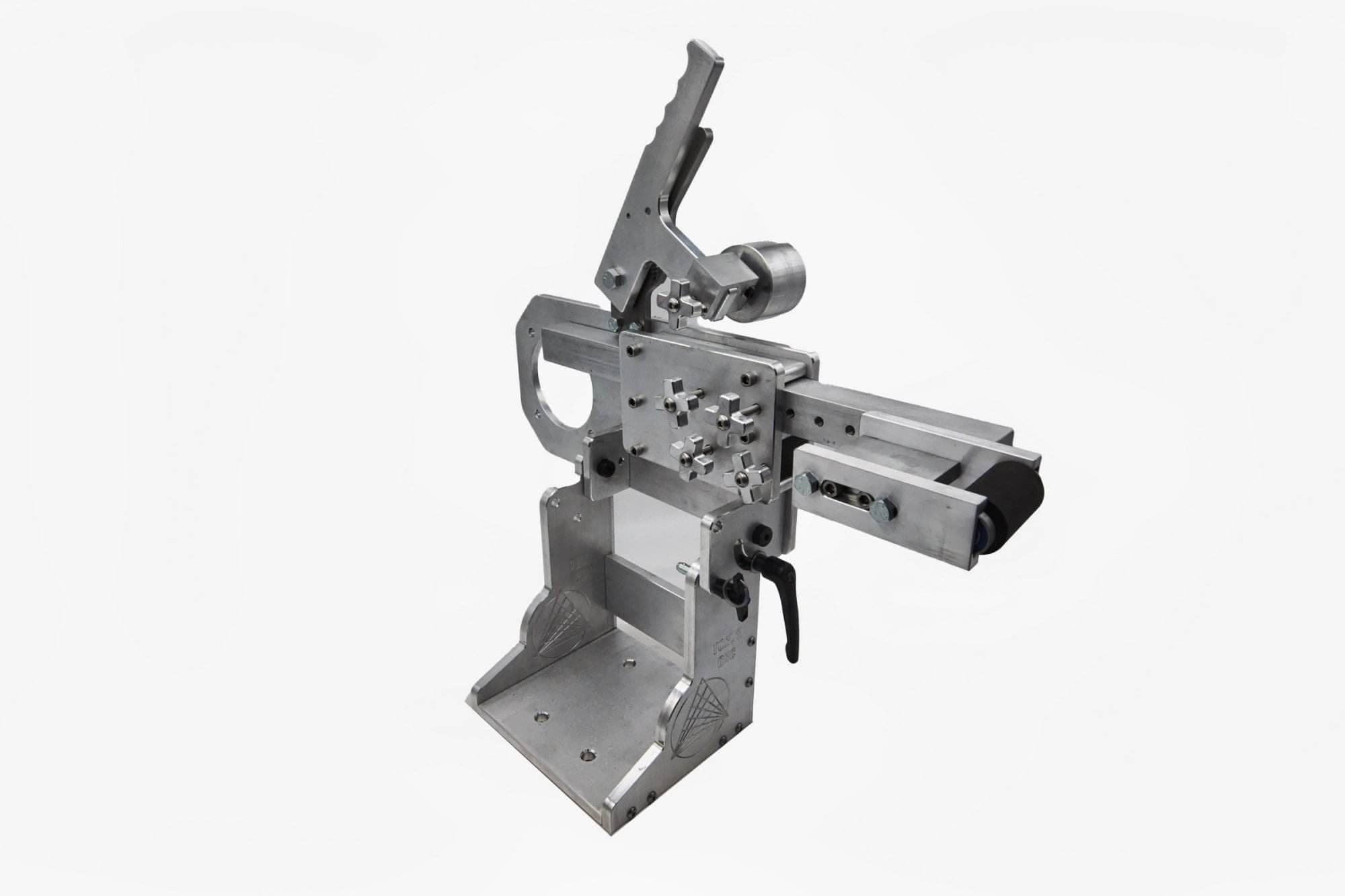 Fully assembled Torus CNC tooling arm standing upright with tracking wheel and quick-release lever