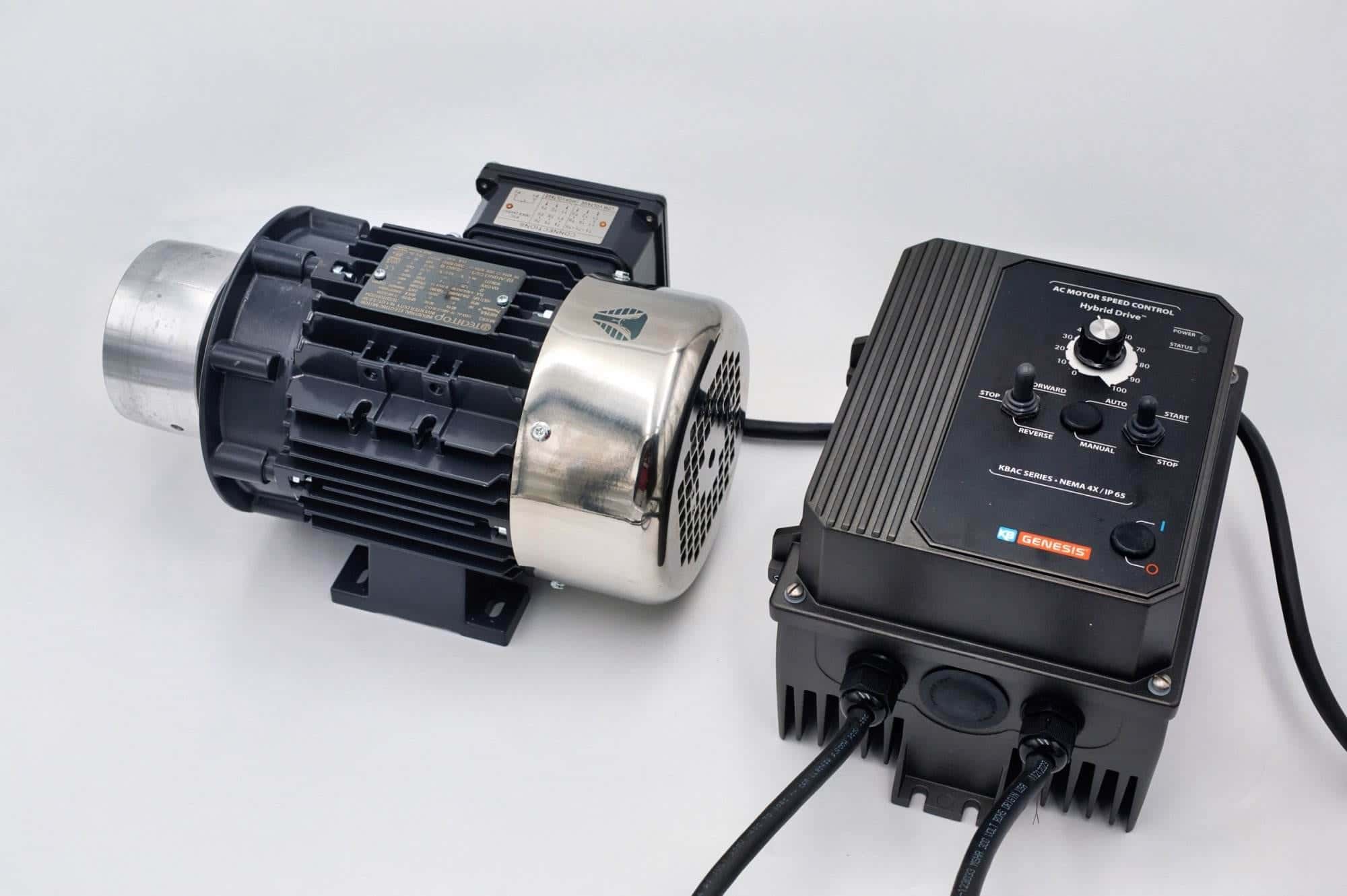 TechTop electric motor paired with a KB Genesis variable speed AC motor control box on a bench