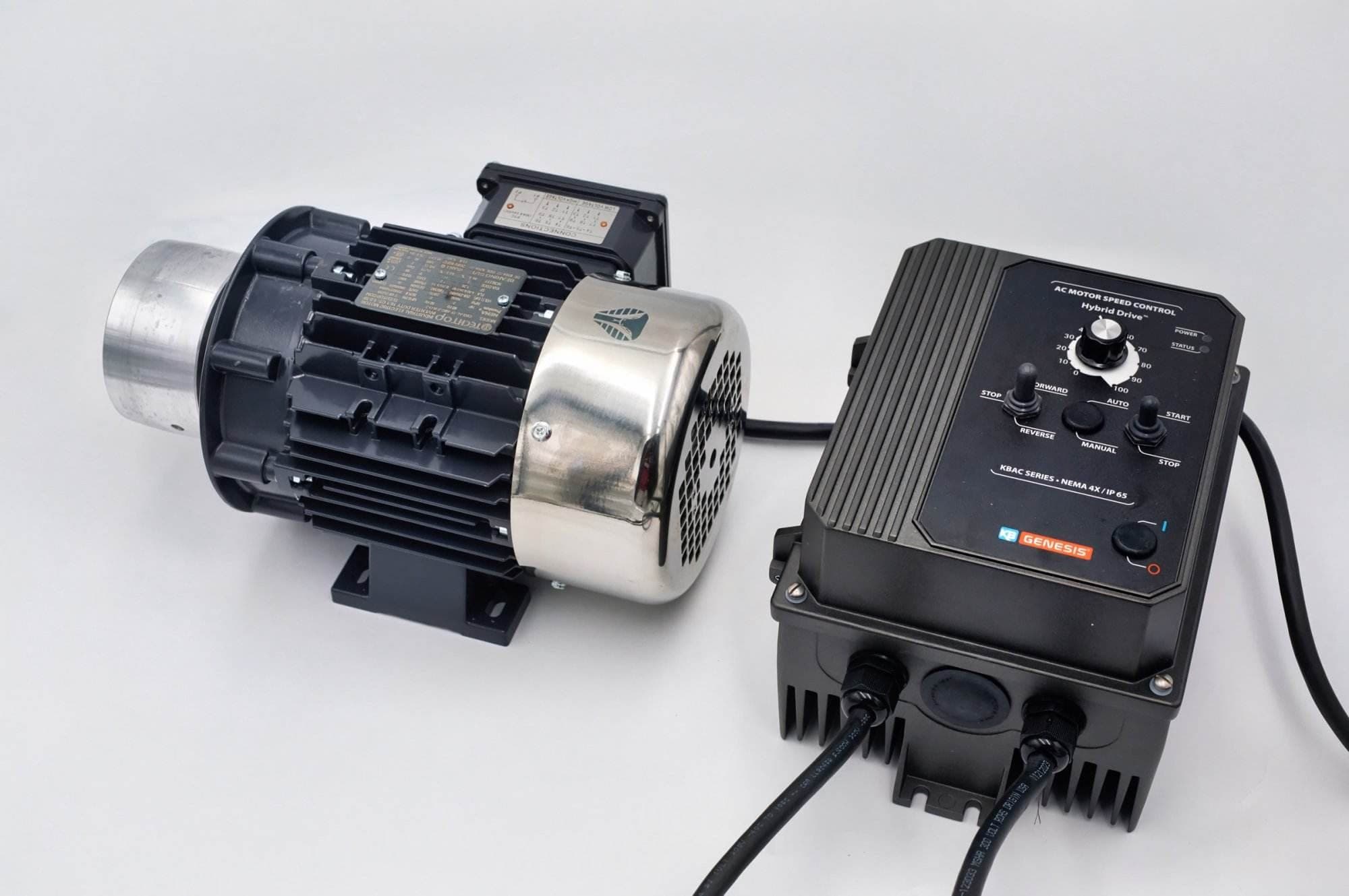 TechTop electric motor paired with a KB Genesis variable speed AC motor control box on a bench
