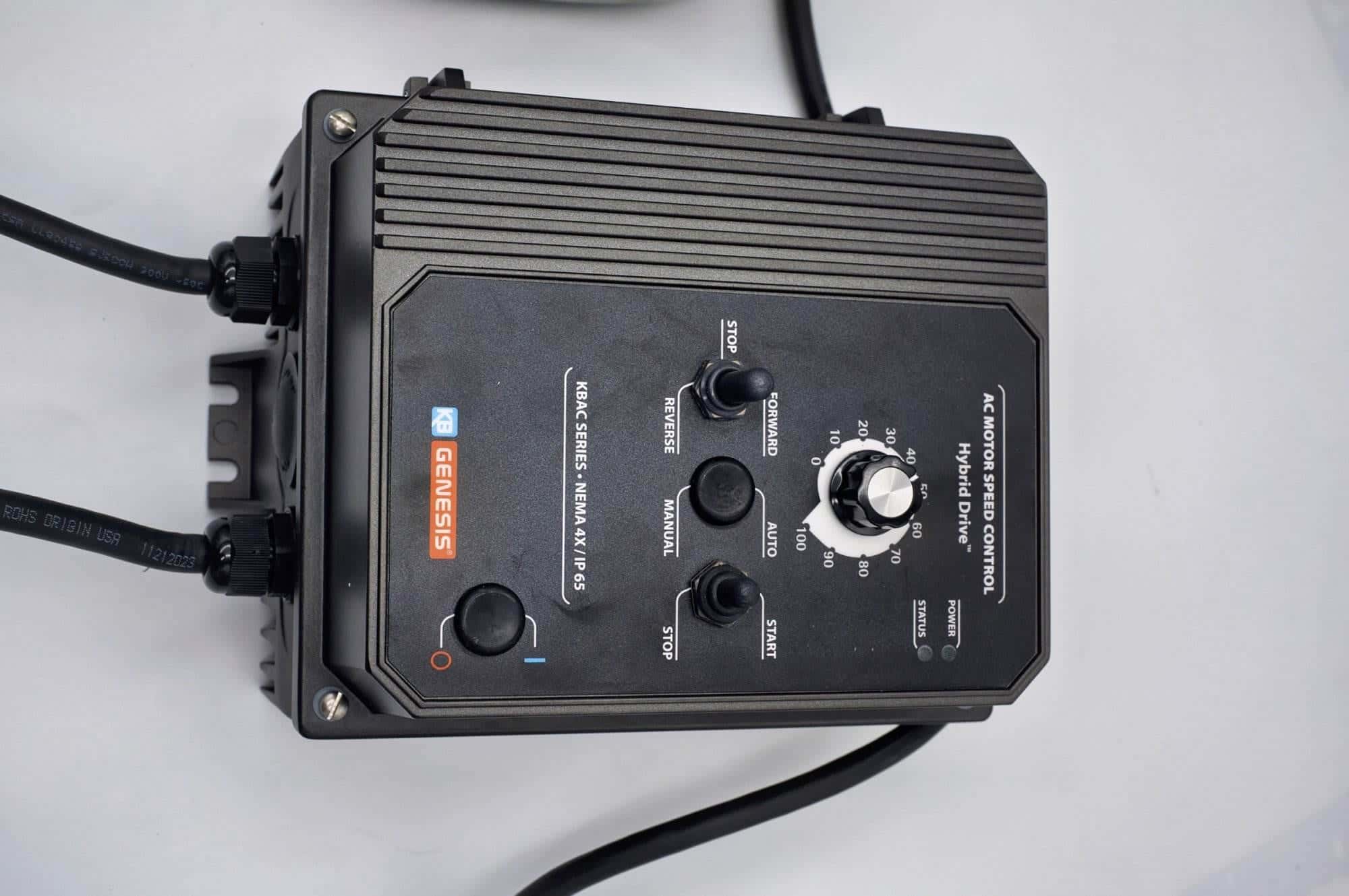KB Genesis AC motor speed control box with forward/reverse switches and speed dial, top view