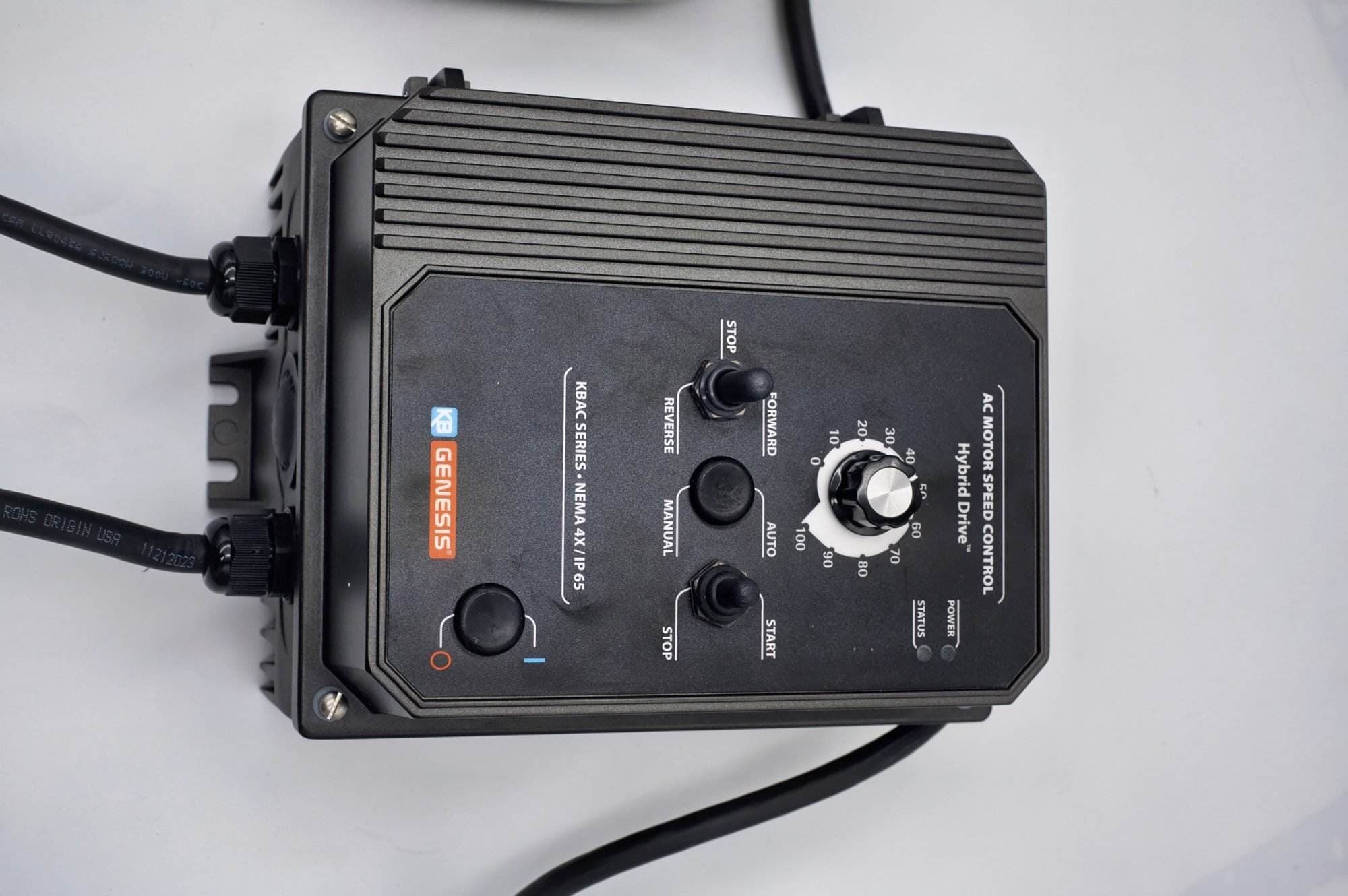 KB Genesis AC motor speed control box with forward/reverse switches and speed dial, top view