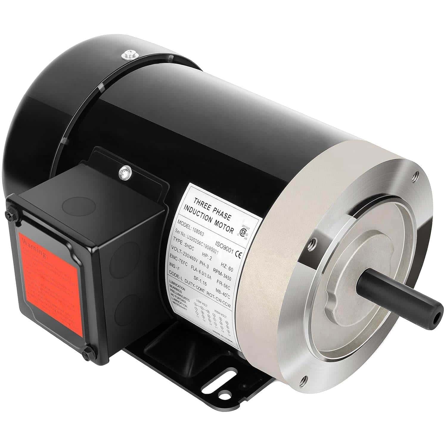Black three-phase 2 HP TEFC electric motor with junction box and mounting base, studio shot