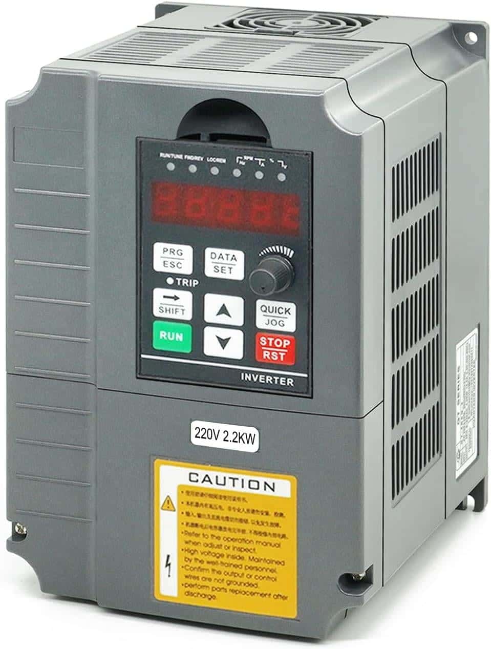 Gray variable frequency drive with digital display and caution sticker, rated 220V 2.2kW