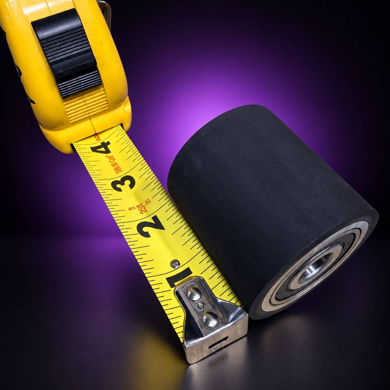 2-inch rubber flat-platen wheel on its side, tread and bearing showing, tape measure at left, on black with a purple glow