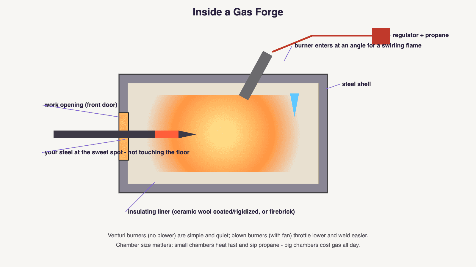 Diagram: inside a gas forge — steel shell, insulating ceramic wool or firebrick liner, angled burner producing a swirling flame, propane regulator, and the work opening with a blade at the hot spot