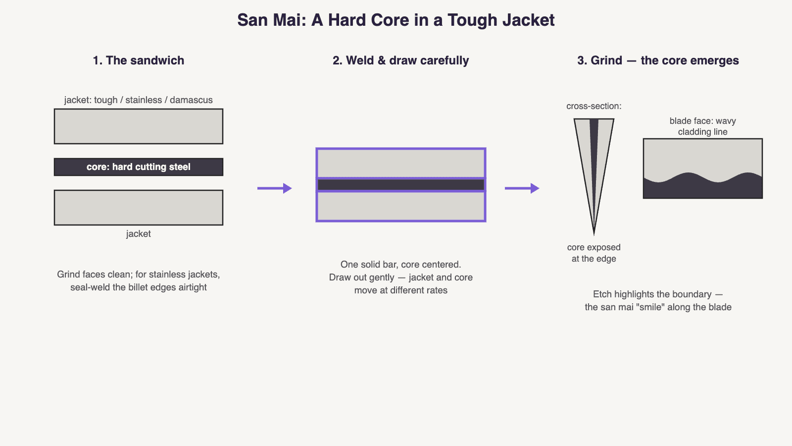 Diagram: san mai construction — a hard core steel sandwiched between tough jacket layers, forge welded, then ground so the core emerges at the edge with a wavy cladding line on the blade face