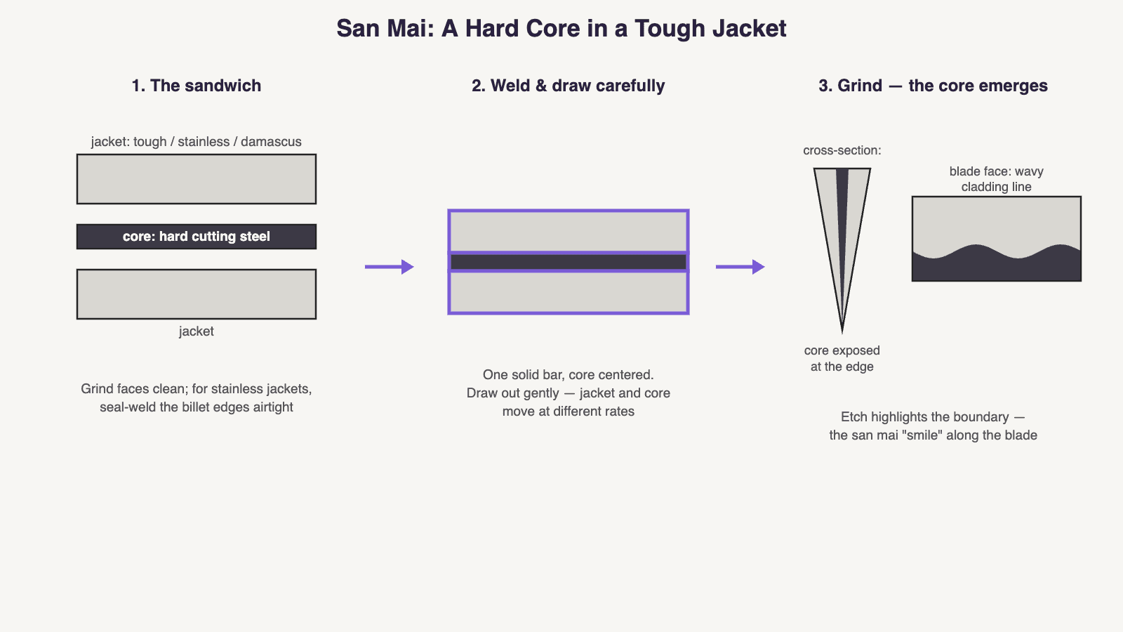 Diagram of san mai construction with a hard steel core sandwiched between tough jacket layers