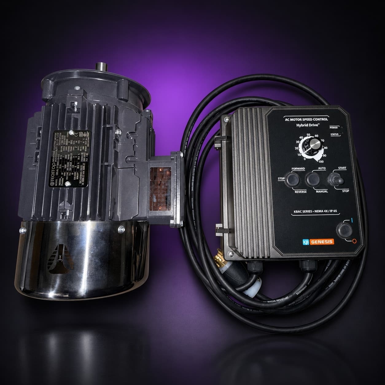 Techtop motor and KB Genesis KBAC variable-speed drive with its power cord, top-down view, on black with a purple glow