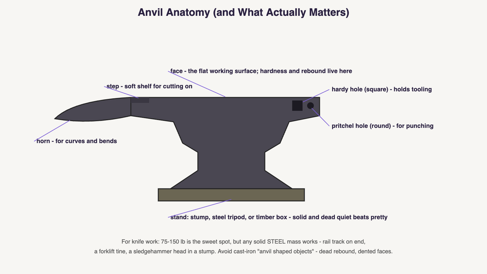 Diagram: anvil anatomy for knifemakers — face, horn, hardy hole, pritchel hole, and step, with notes on weight range and steel alternatives like rail track and forklift tines