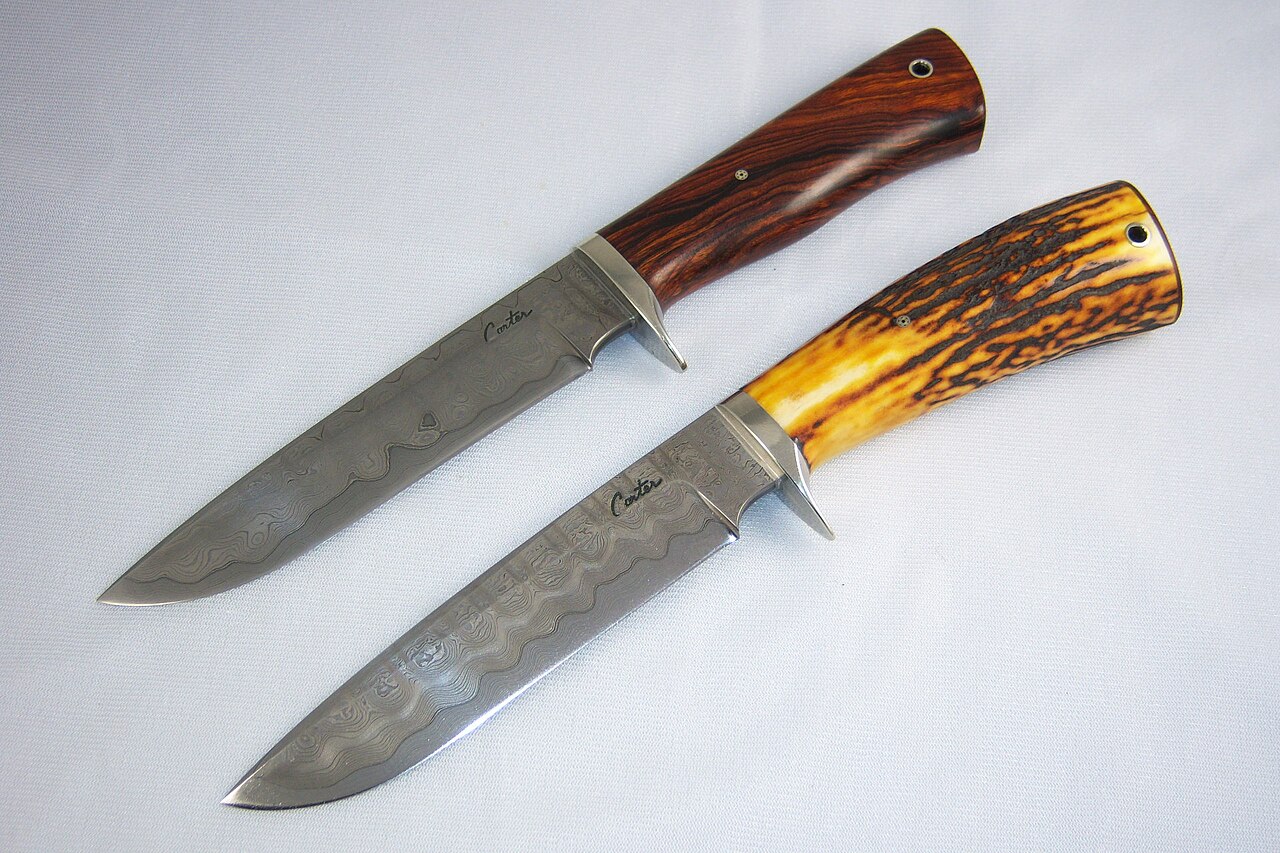 Finished pattern-welded damascus knives by bladesmith Murray Carter