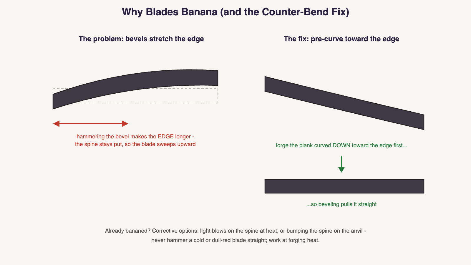 Diagram: why forging bevels curves a blade upward — the edge stretches while the spine stays put — and the counter-bend fix of pre-curving the blank toward the edge so beveling pulls it straight