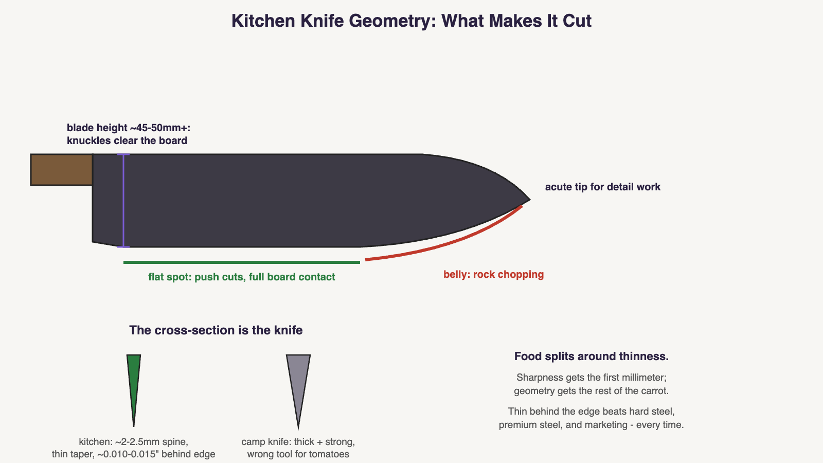 Diagram: kitchen knife geometry — chef knife profile showing knuckle clearance height, flat spot for push cuts and belly for rock chopping, plus cross-sections comparing thin kitchen wedge geometry to a thick camp knife