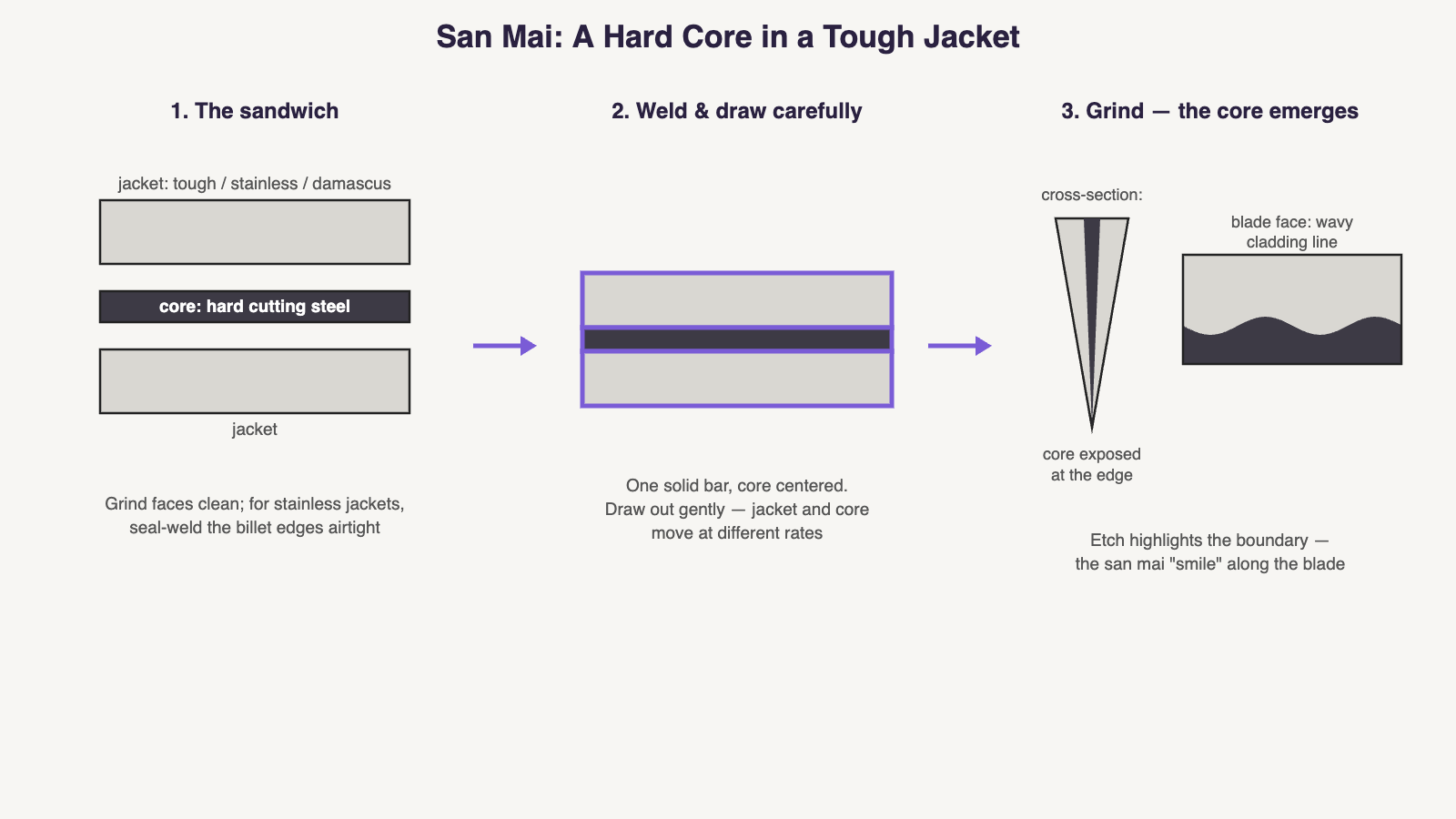 Diagram: san mai construction — a hard core steel sandwiched between tough jacket layers, forge welded, then ground so the core emerges at the edge with a wavy cladding line on the blade face